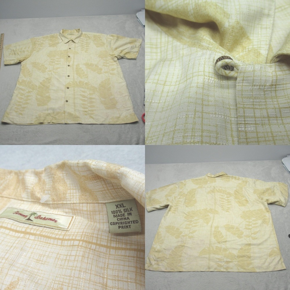 Tommy Bahama Silk Shirt Mens XXL Tan Tropical Leaf Loop Collar Short Sleeve